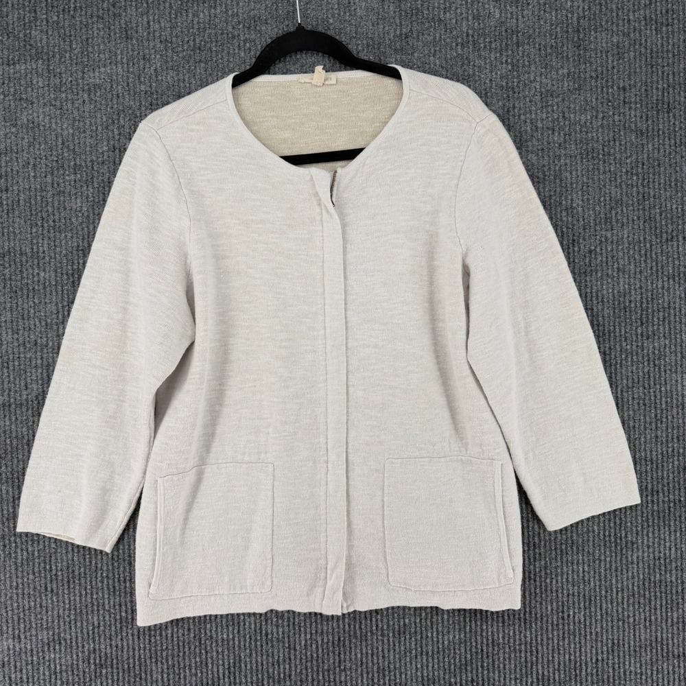 Eileen Fisher Womens Large Organic Linen Cotton Full Zip Cardigan Sweater Beige